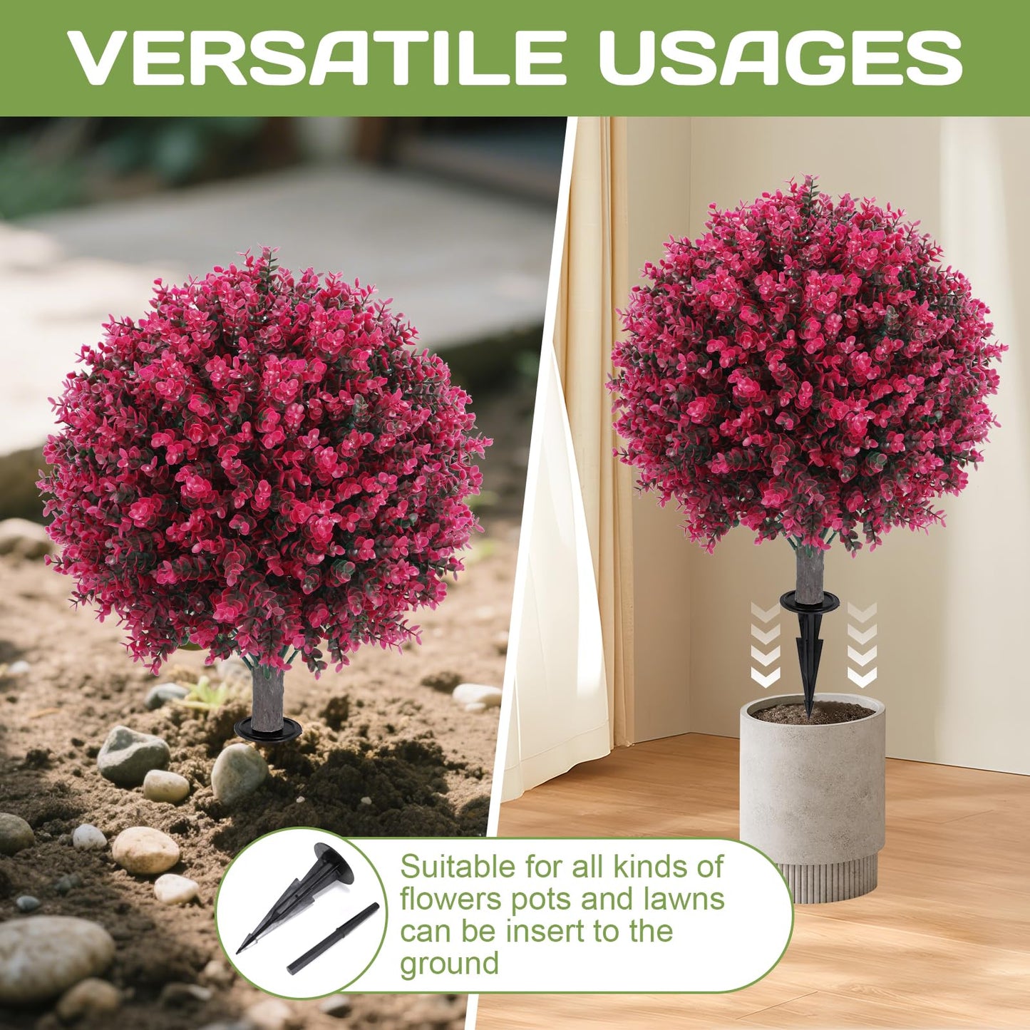 Artificial Red Eucalyptus Topiary Ball Tree 24" with Ground Spike, Set of 2 Artificial Boxwood Bushes for Faux Shrubs, Fake Evergreen Faux Plant for Indoor Outdoor Garden -UV Resistant–Fade-Proof