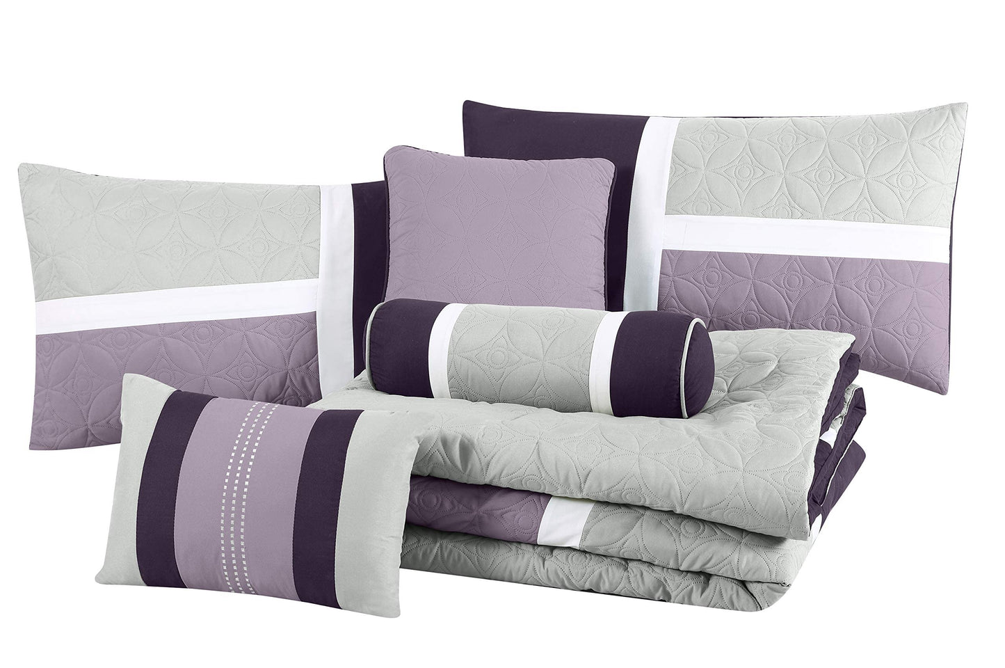 Chezmoi Collection Upland 7-Piece Quilted Patchwork Comforter Set, Lavender/Gray/Purple, Queen