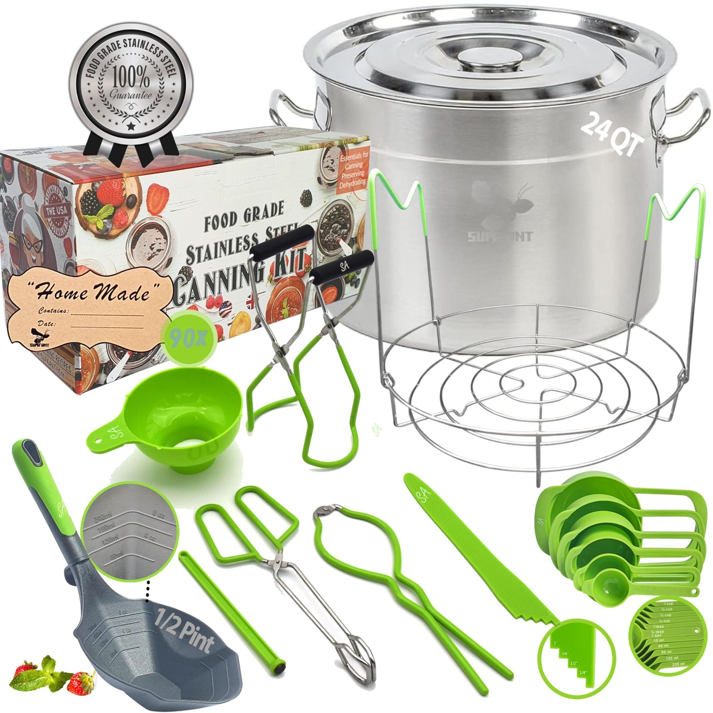 Food Grade 24 Qt. Stainless Steel Water Bath Canning Pot w/Canning Supplies Starter Kit for Beginners - Canning Rack, XL Ladle, Measuring Cups, Funnel,Tongs,Jar Lifter & Wrench,Lid Lifter by Supa Ant