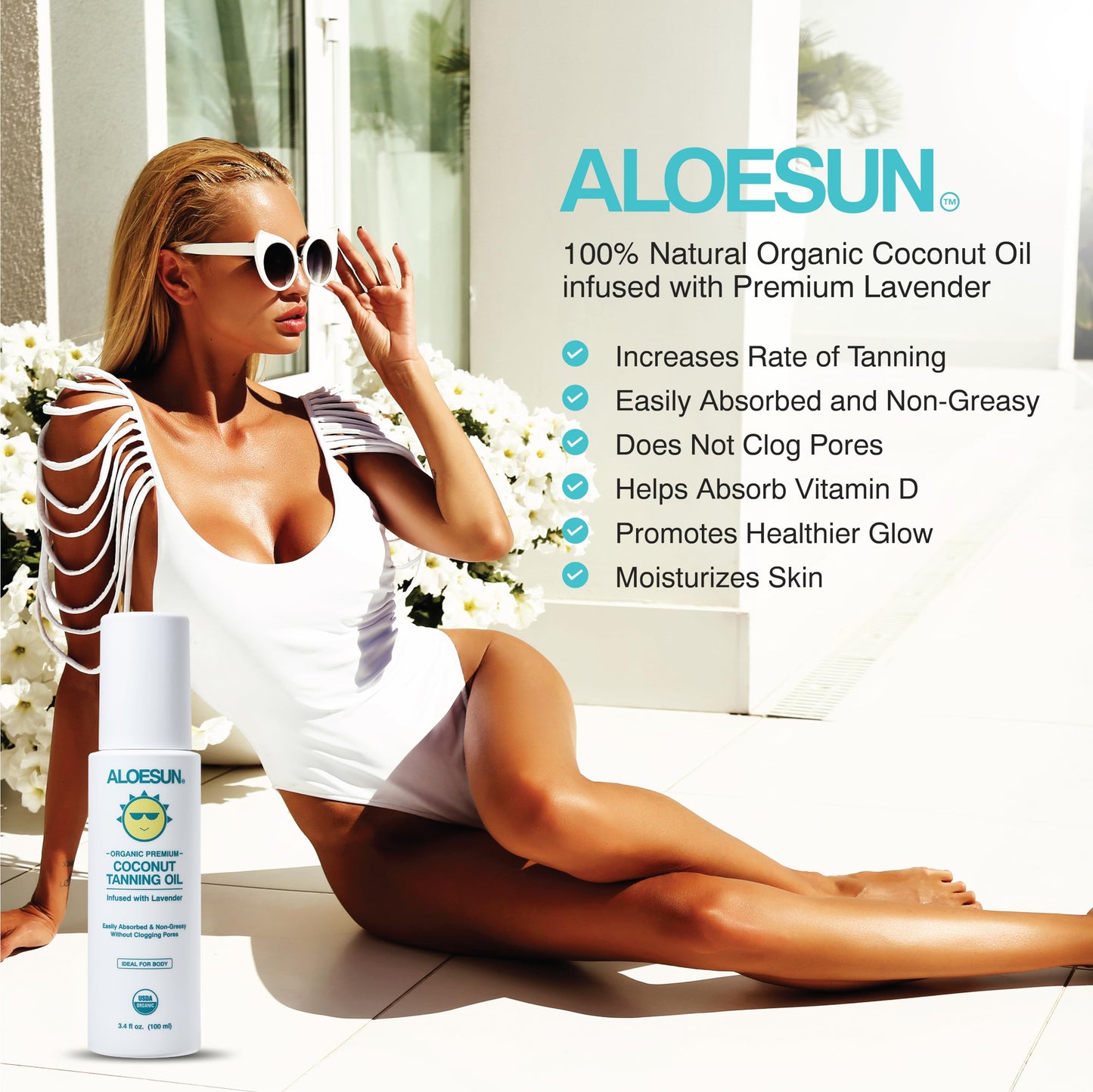 ALOESUN Organic Coconut Tanning Oil Spray Infused with Organic Lavender Oil | Natural Deep Tanning Accelerator | Moisturizing & Hydrating Tan | Non-Greasy | Vegan & Cruelty-Free | Travel Size 3.4 Oz