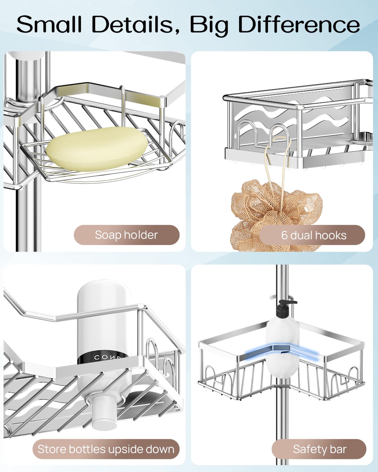 ALLZONE Corner Shower Caddy Tension Pole with 4 Repositionable Hang-On Baskets, Mixed-Height Shelves for Tall Bottles, 8 Dual Hooks & Soap Dish, Rust-Resistant Stainless Steel, Adjustable 34-116 Inch