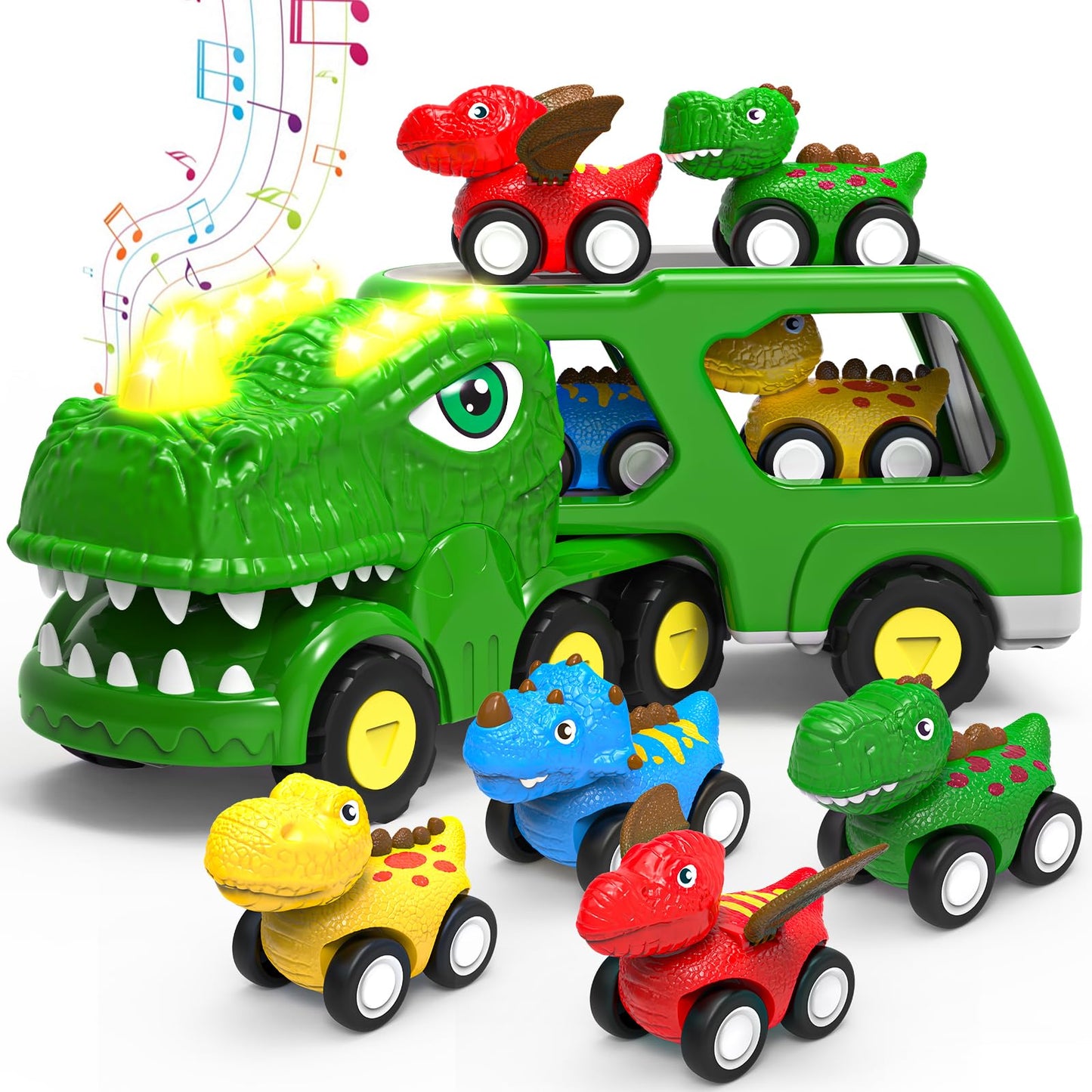 HEGUD Toddler Car Toys for 1 2 3 4 5 Year Old Boy, 5-in-1 Dinosaur Vehicle Trucks Toys for Toddlers 1-3 with Sounds & Lights Toys for Boys 4-7 Toys for Age 2-4 Dinosaur Toys for Kids 3-5