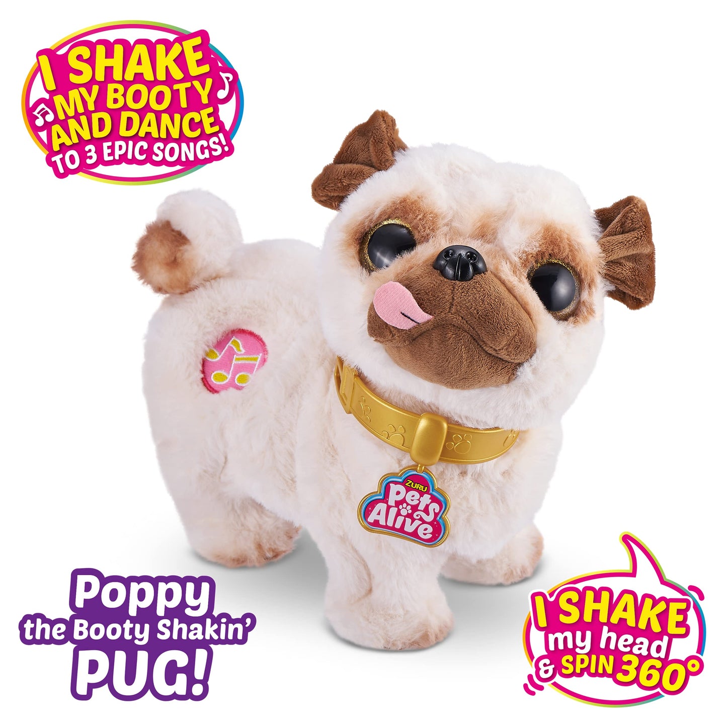 Pets Alive Poppy The Booty Shakin’ Pug – Interactive Dancing Plush Puppy by ZURU Robotic Realistic Soft Dog Plush Stuffed Animal Toy for Kids, Girls