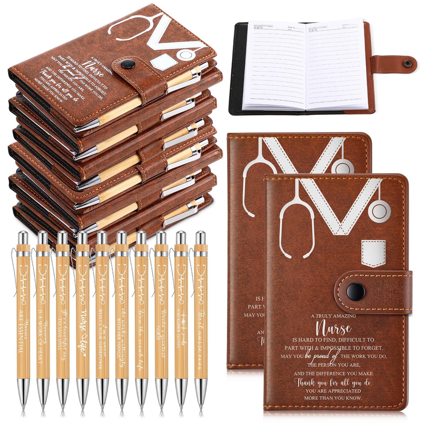 Spiareal 20 Sets Cna Week Gift for Nursing Graduation, Pinning Ceremony Gifts, 3.74 x 6.1 Inches Inspirational Hardcover Notebook with Bamboo Pen for Nurse RN LPN CNA (Brown)