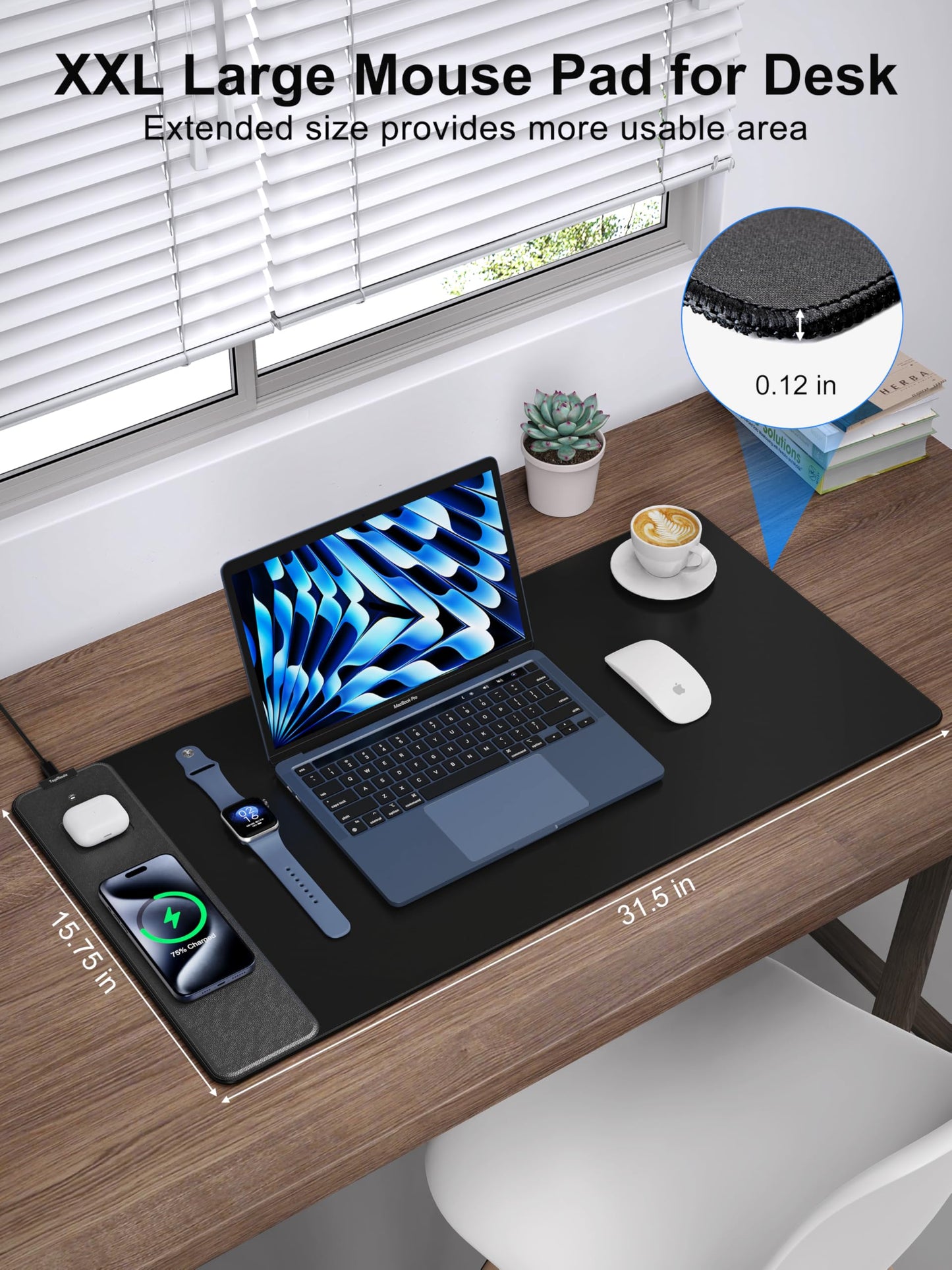 TopMade Mouse Pad with 15W Fast Wireless Charging, 31.5"x15.75" XXL Large Gaming Waterproof Desk Pad with Ultra-Smooth Surface, Non-Slip Base, Computer Desk Mat for MacBook, PC, Laptop, Black