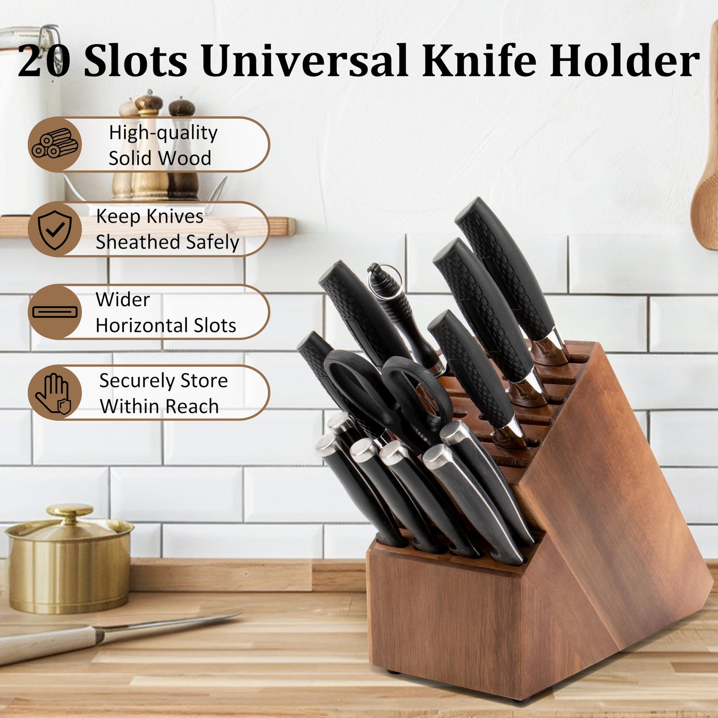 20 Slot Knife Block Storage without Knives,Acacia Wood Universal Knife Holder for Kitchen Countertop,Large Butcher Block Organizer,Easy Kitchen Knife Storage (Brown)