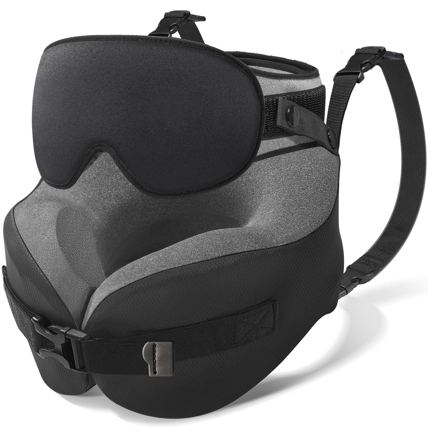 YFONG Travel Pillow for Long Flight Airplane, Head Strap Combo with 3D Contoured Sleep Eye Mask, Neck Pillow for Travel Essential, 360° Support Memory Foam Headrest, Prevent Bobbing, Drawstrap - Black