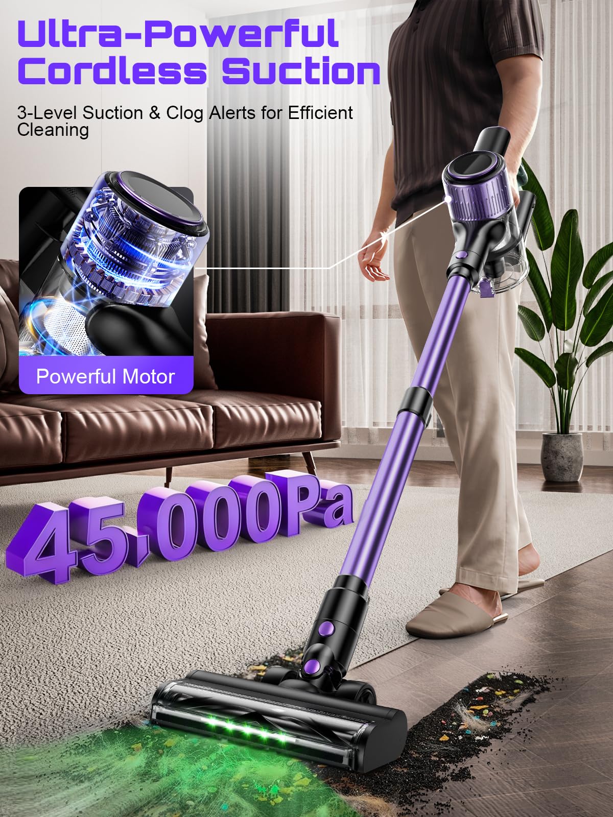 OIRFND Cordless Vacuum Cleaner, 10 in 1 Stick Vacuum with Powerful Suction, Hose, Green LED Light, Anti-Tangle Brush, Lightweight Rechargeable Vacuum Cleaner for Home, Hardwood Floors, Carpets