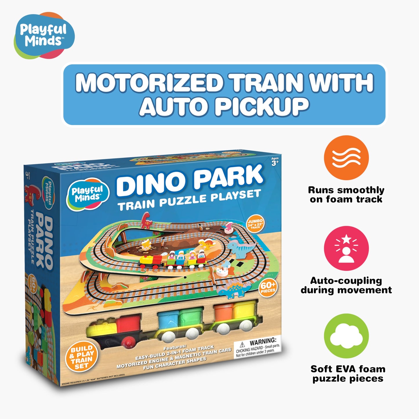 Playful Minds Dino Park Train Puzzle Playset – 60 Pc Build and Play Railway Set for Toddlers and Kids Ages 3-5 – EVA Foam Puzzle Track with Motorized Train and Cars