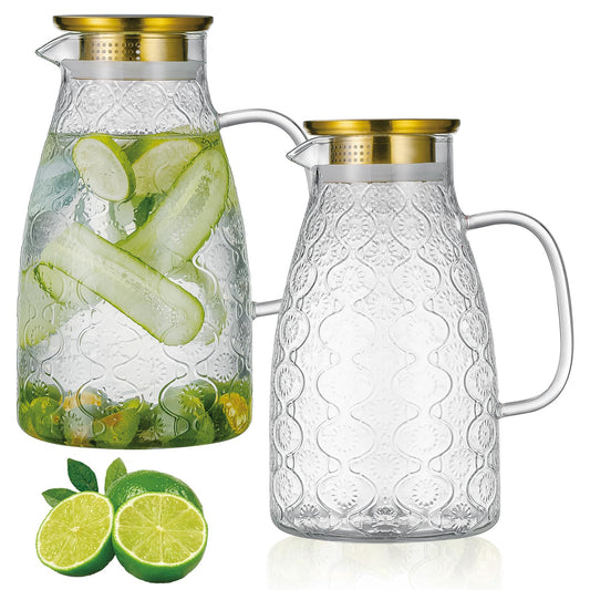 Buaic Glass Pitcher with Lid and Handle, 2 PACK 68 oz/2 Liter Vintage Flower Design Fridge Water Pitcher, Borosilicate Glass Water Carafe for Hot/Cold Water,Coffee,Iced Sun Tea,Heat Resistant