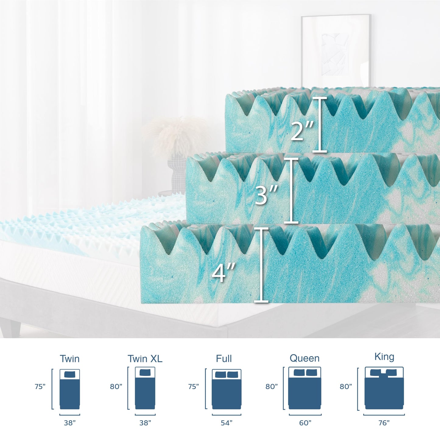 3 Inch 5-Zone Queen Memory Foam Mattress Topper, Gel Infused Foam Mattress Topper for Pressure Relief, CertiPUR-US Certified Queen Bed Topper,Blue, 60"×80"