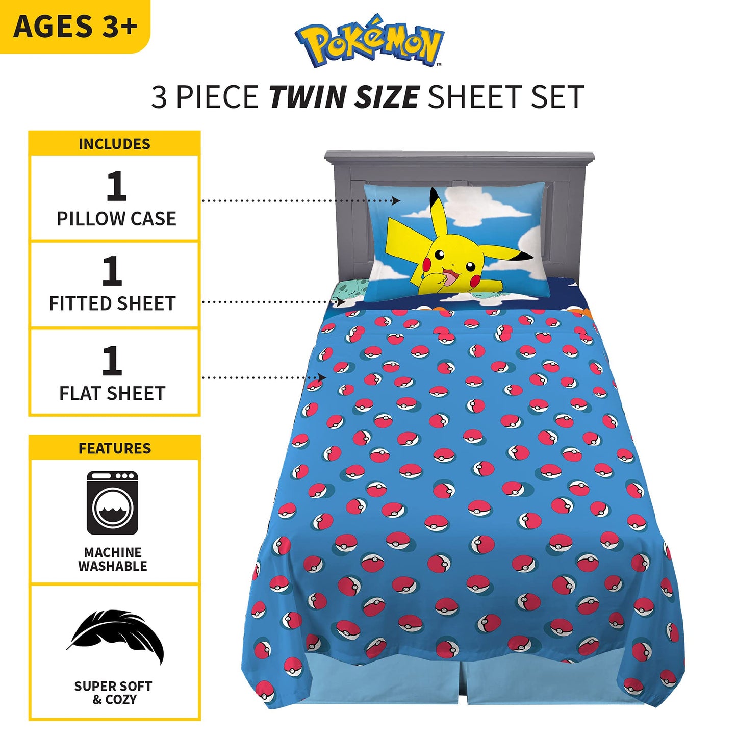 Pokemon Anime Kids Bedding Super Soft Microfiber Sheet Set, Twin, (Officially Licensed Product) by Franco