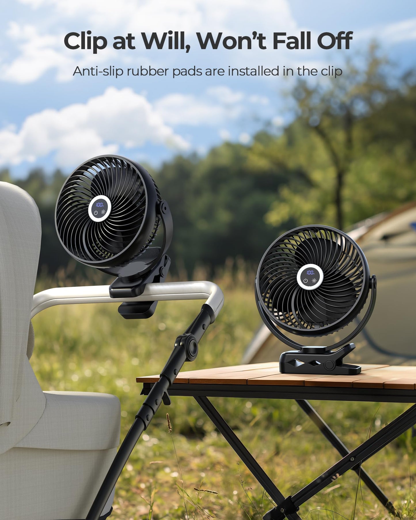 xasla 10000mAh Portable Clip On Fan With Light, 8 Inch Rechargeable Battery Operated Fan, 24H Long-last, Quiet Personal Camping Fan Digital Display, 3 Speed, 360° Rotate, for Gym Outdoor Travel