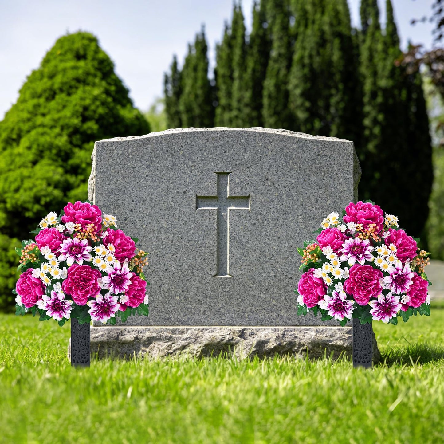 Dolicer Artificial Cemetery Flowers for Grave, Set of 2 Memorial Grave Flowers for Cemetery with Vase Realistic Silk Gravesites UV Resistant Peony Daisies Flowers Decorations (Red with White)