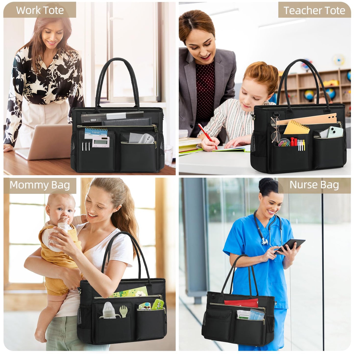 RAINSMORE Laptop Bag for Women 15.6 inch Work Teacher Tote Bag Nurse Bag Professional Laptop Tote Computer Messenger Shoulder Bag Large Handbag Business Office Work Bag Briefcase Black