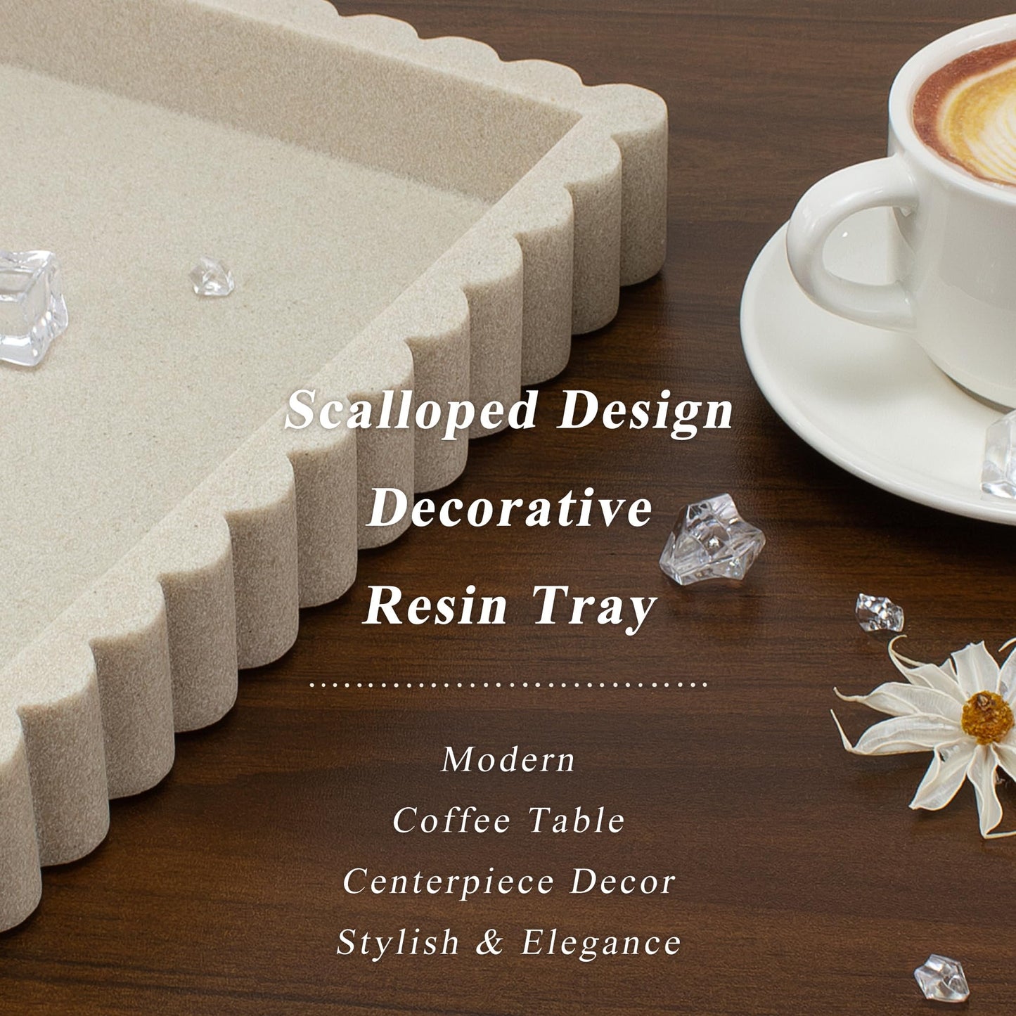 YMXYJM-Scalloped Coffee Table Tray，Ottoman Tray for Modern Home Decor. 14" Decorative Tray for Entryway Table Decor, Living Room Table Decor, Coffee Table Centerpiece - Beige Resin
