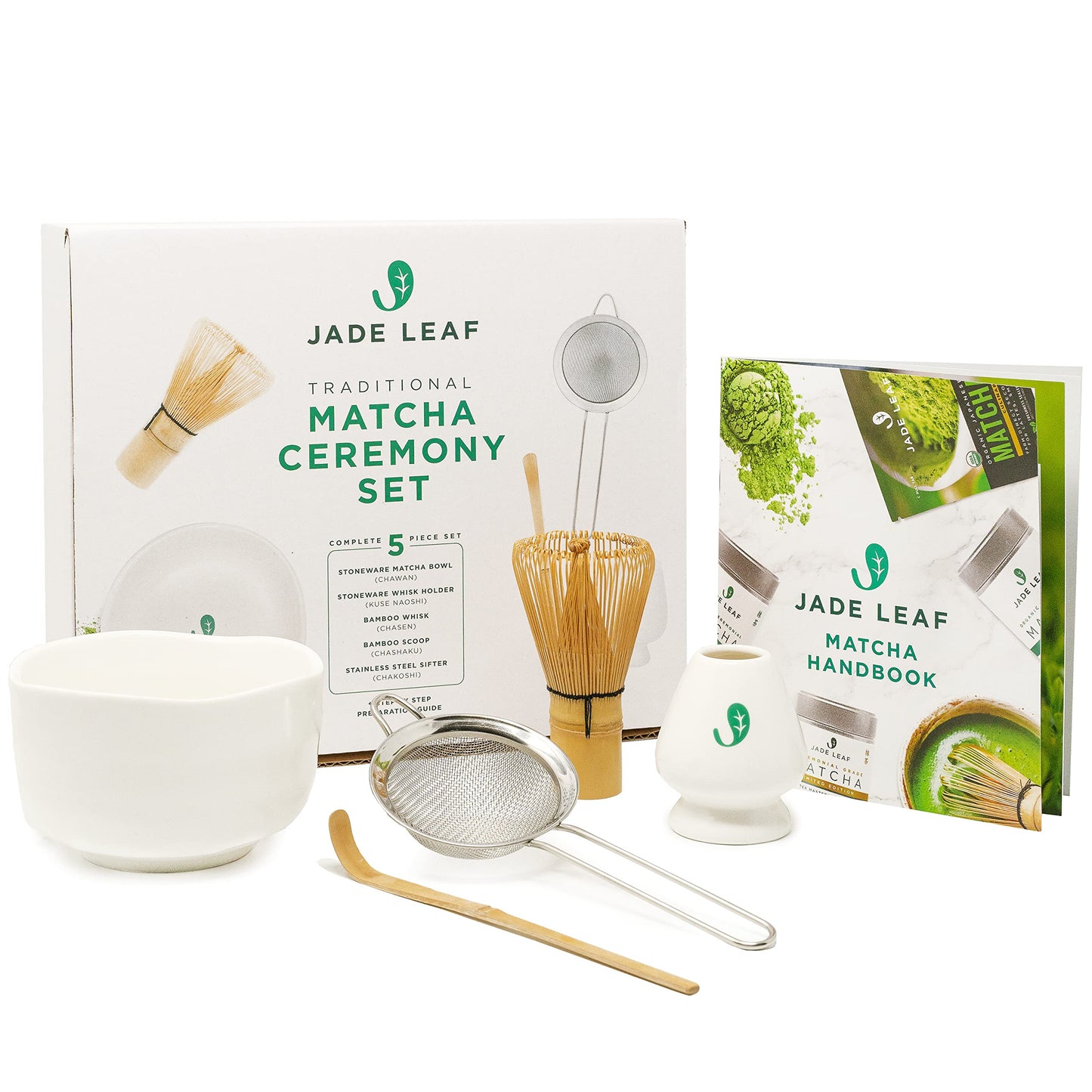 Jade Leaf Matcha Complete Matcha Ceremony Set - Includes: Bamboo Matcha Whisk & Scoop, Stainless Steel Sifter, Stoneware Bowl & Whisk Holder, and Prep Guide