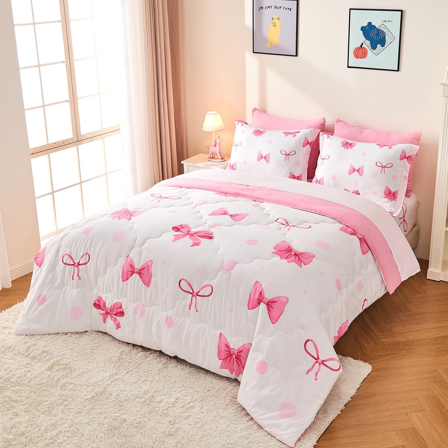 Wajade 7 Piece Pink Bow Bedding Set for Girls Kids Twin Size Comforter Set with Sheet and 2 Pillowcases 2 Pillow Shams Cute Girls Bed in a Bag as Birthday Choice