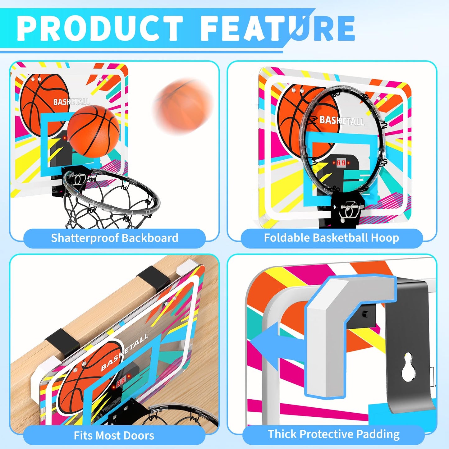 Indoor Basketball Hoop for Kids, Over The Door Basketball Hoop with Scoreboard, Foldable Breakaway Rim & 4 Balls, Mini Hoop Door Room Goal, Basketball Toys Gifts for 4-12 Year Old Boys Girls Teens