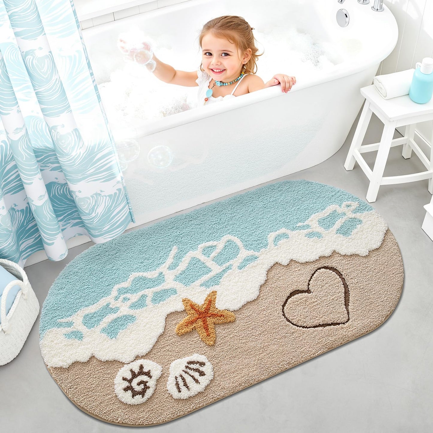 LUMI Extra Large Beach Bathroom Rugs, Non Slip Bath Mat Ultra Soft Washable Absorbent Quick Dry, Ocean Sea Theme Bath Rug with Starfish Shell for Shower Floor, Kitchen Decor, Kids Room, 30"x60"