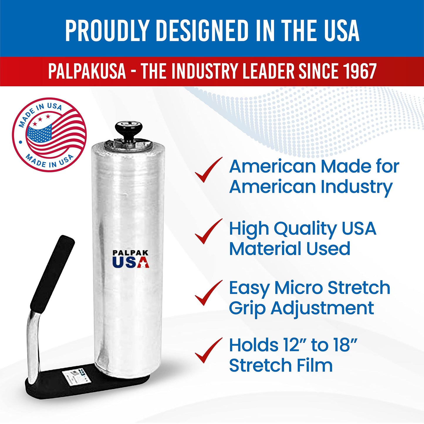 Made in USA! Industrial Strength Stretch Film Dispenser - Palpak100 Light Weight Pallet Wrapper – Tension Knob Adjustment Wrap Handle (1 Pack)