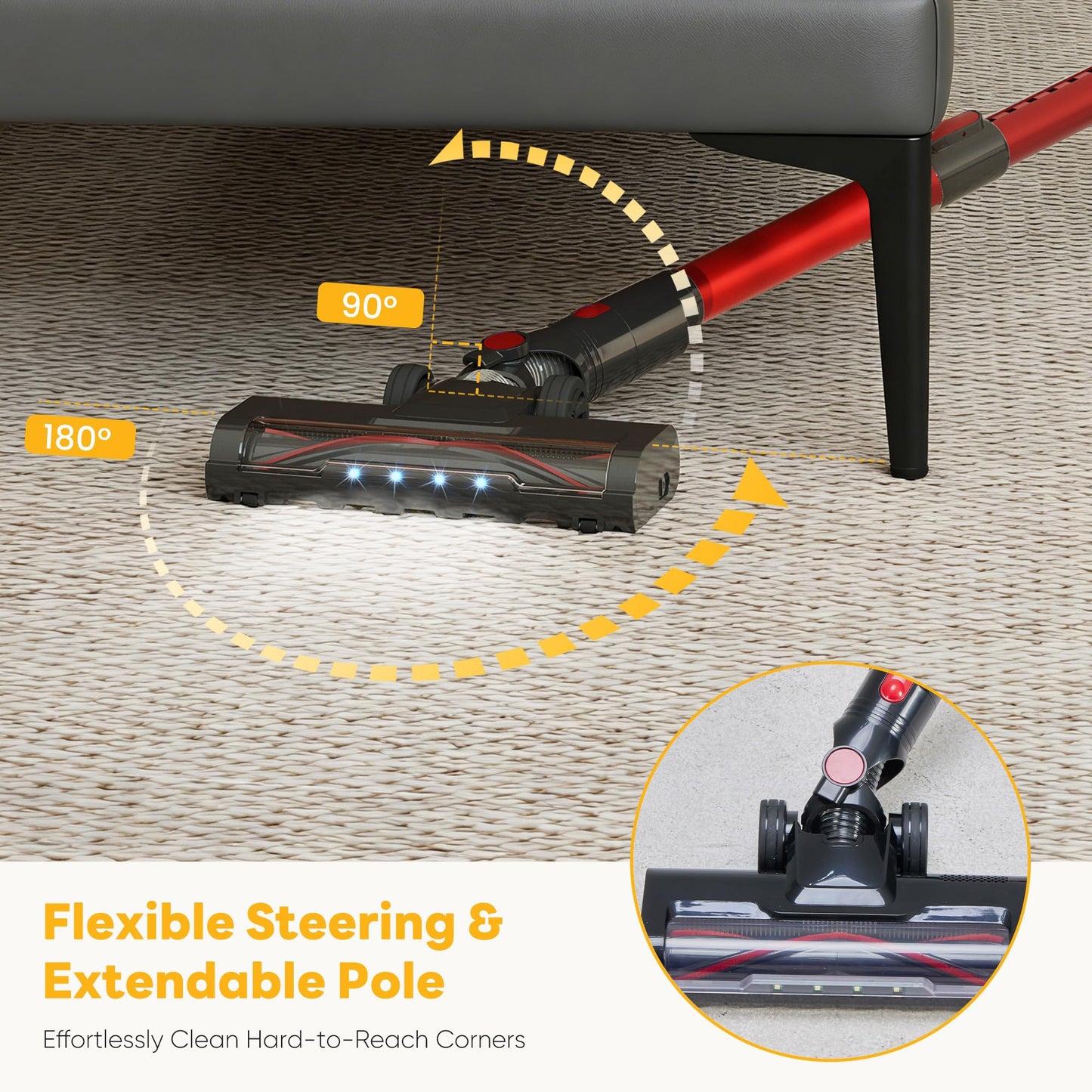 OLIXIS Cordless Vacuum Cleaner with Flexible Steering & Extendable Pole,3 Brush Heads, Lightweight Wireless Rechargeable Upright Vacuum with LED Light & Wall Mount for Hardwood Floors & Carpet