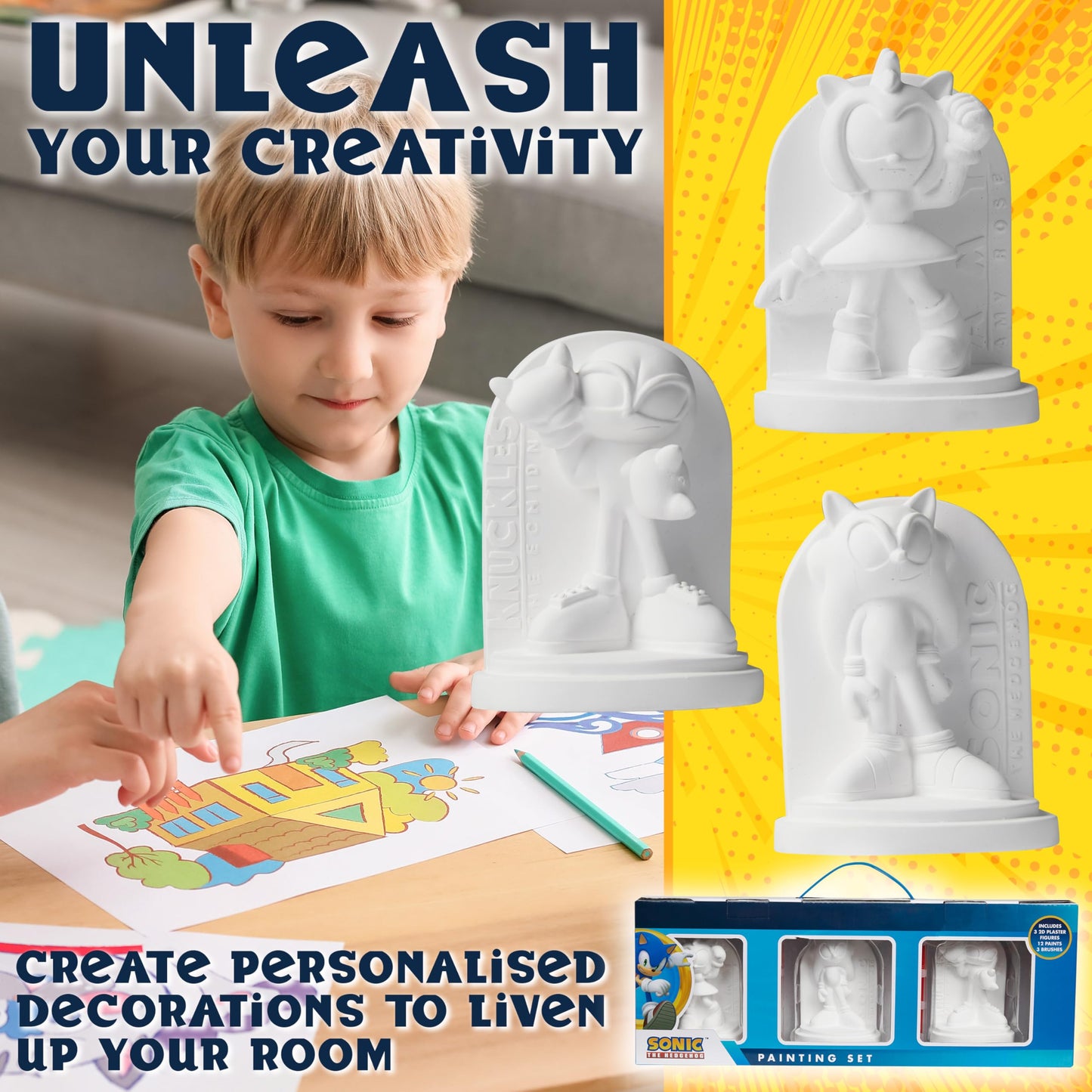 SONIC THE HEDGEHOG Plaster Figures for Painting, DIY Craft Set, Children, Painting Set for Children and Teenagers
