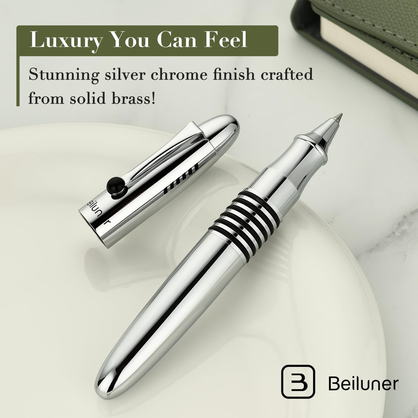 BEILUNER 320 Silver Chrome Rollerball - Stunning Luxury Pen with Chrome Finish, EDC, Heavy, Black Ink Refill, Best Gift Set for Men & Women, Professional, Executive Office, Nice Classic Pens