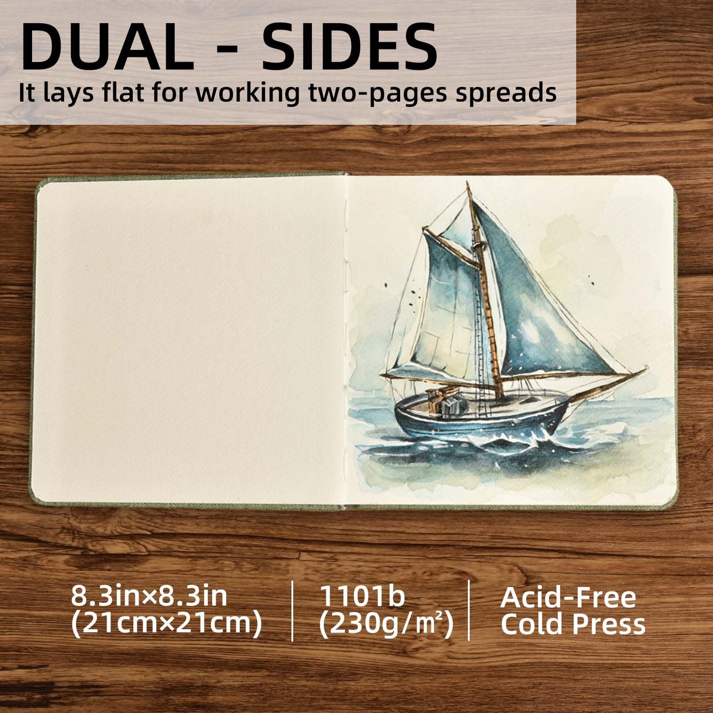 Hardcover Watercolor Journal, 42 Pages, 8.3x8.3, 140 lb/300 GSM, Acid-Free, Cold Press, Cotton Pulp, Perfect for Artists & Travel Sketching (8.3×8.3in)