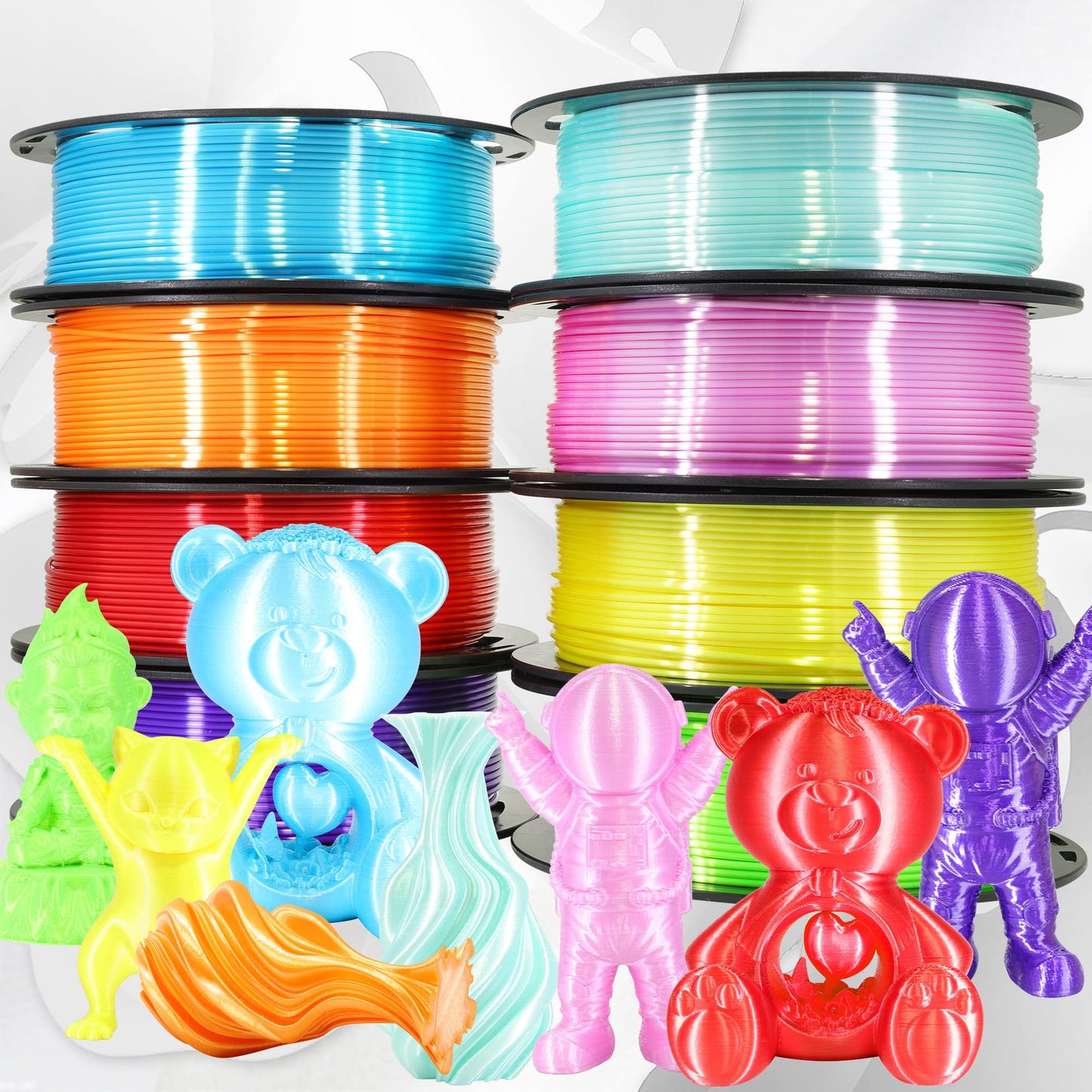 1.75mm Silk Shiny PLA 3D Printer Filament 8 Bright Colors Bundle: Silk Yellow/Lime Green/Orange/Sky Blue/Pink/Cyan/Red/Purple, Each Spool 250g, Total 2Kg 3D Printing Material, 250g x 8 Spools