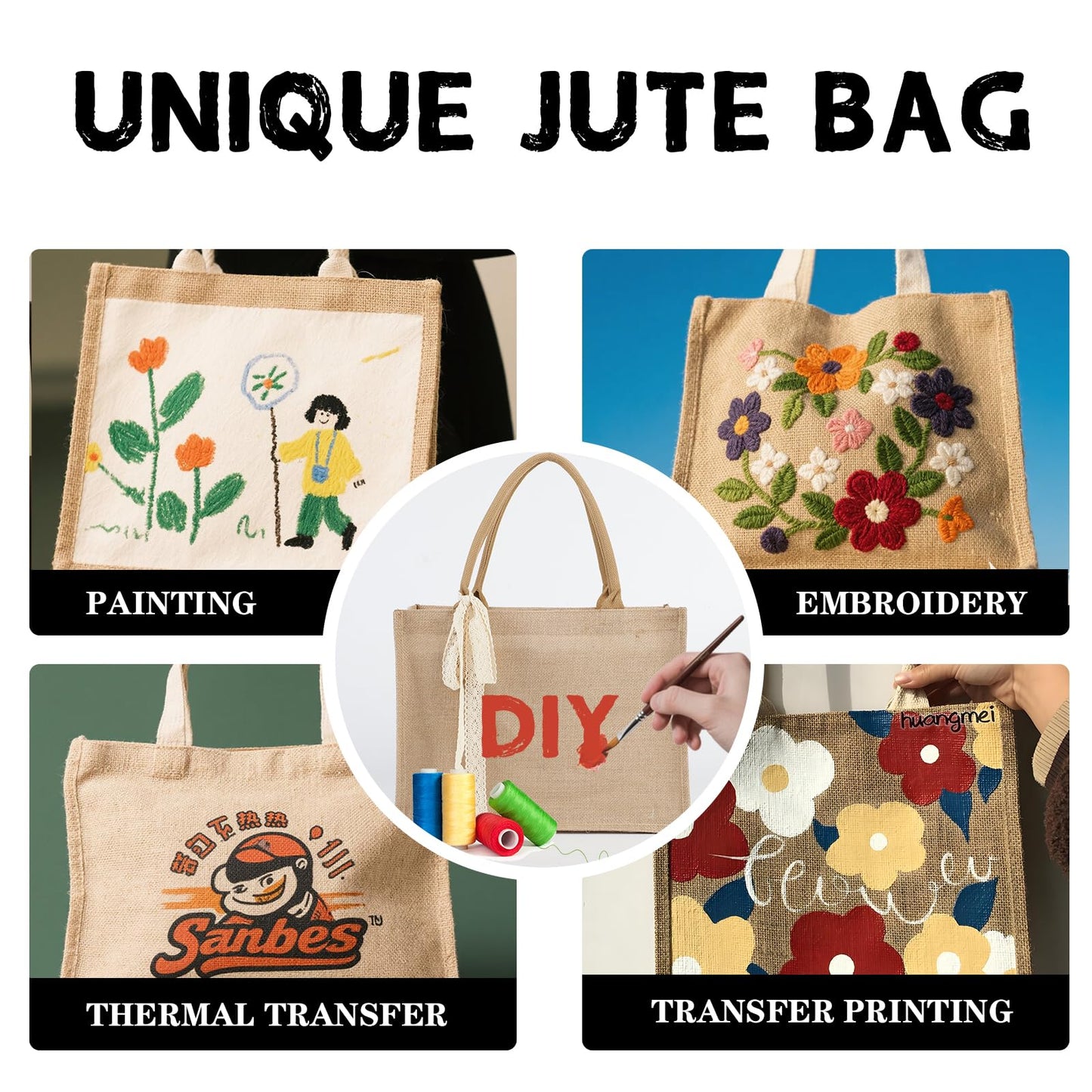 12pcs Burlap Tote Bag Set with Handles, Waterproof Reusable Blank Water Resistant Grocery Bags with Ribbon Large Jute Tote 15.35*6*12 Inch for Women Bridesmaid Gift Beach Shopping Wedding Travel DIY