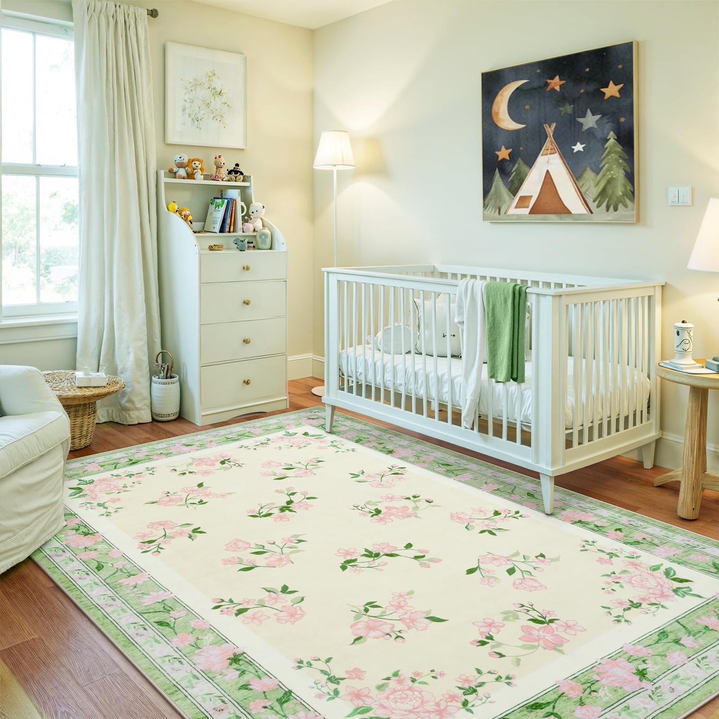 LIVEBOX Machine Washable Rug 5 x 7 Green Rugs for Living Room, Non Slip Vintsge Boho Bedroom Rug, Low-Pile Print Distressed Floral Carpet for Bedroom Home Office, Dining Room