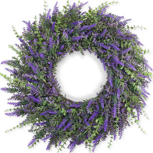 26'' Large Eucalyptus and Lavender Wreath for Front Door, Porch, Window- Artificial Eucalyptus Leaves with Lavender Wreath for Home, Farmhouse Wall Decor- Spring, Summer, Fall, All Seasons (Purple)