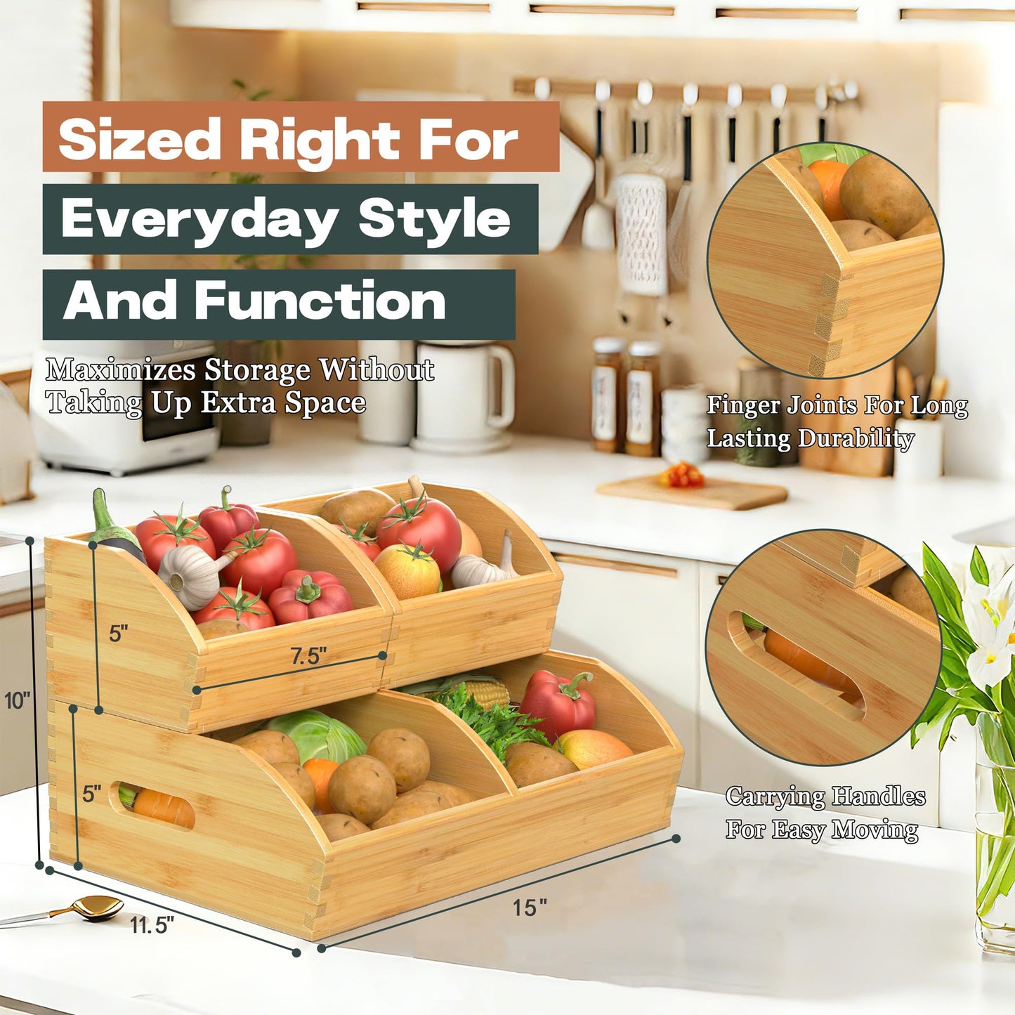 Potato and Onion Storage Bin, Stackable Pantry Organizers for Kitchen Countertop, Ventilated Bamboo Storage Baskets with Handles, Multipurpose Organization Containers for Fruit, Vegetable, 3 Pack