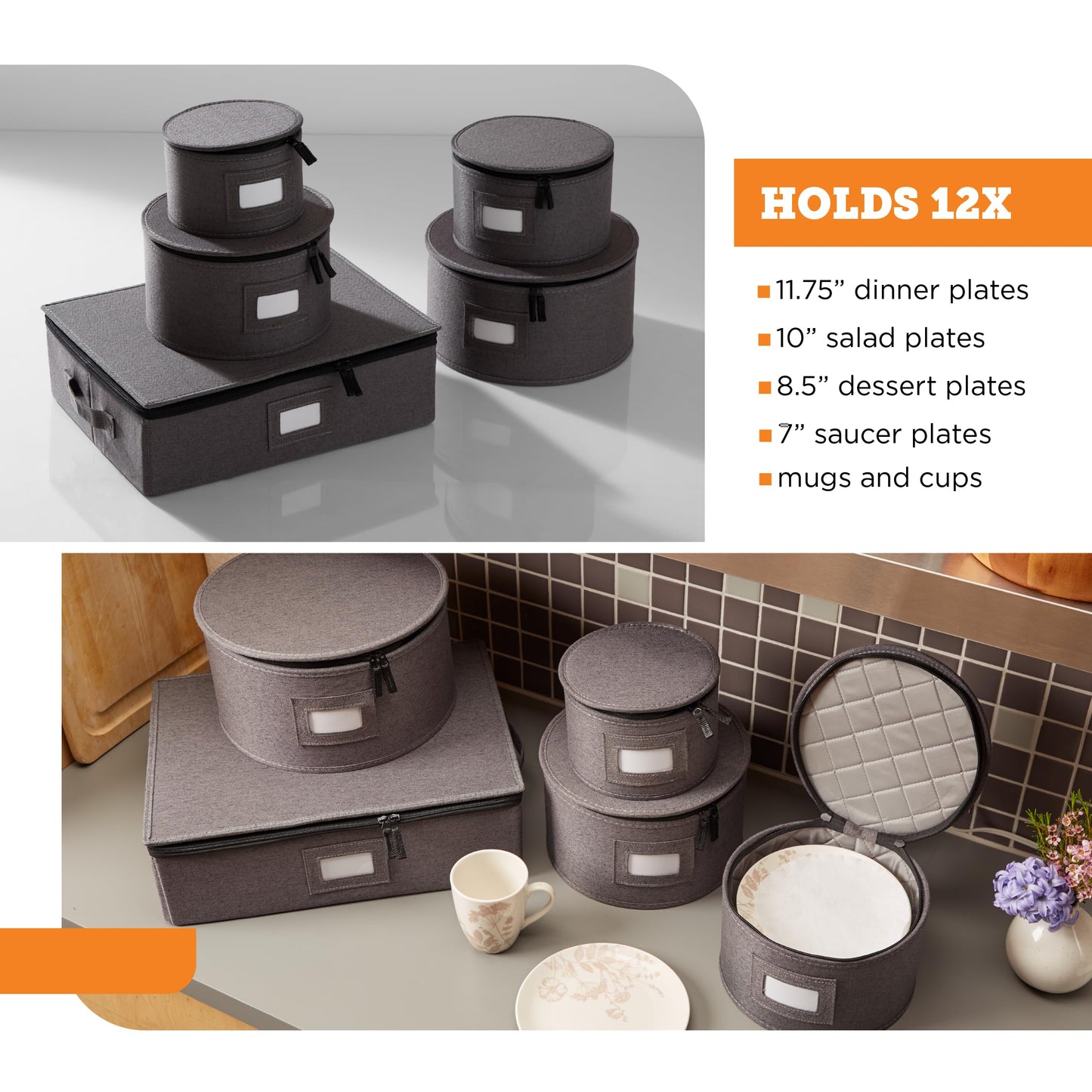 storageLAB China Storage Containers, Hard Shell Case with Felt Dividers for Charger Plates, and Dishes, Ideal for Kitchen Organization, Moving Supplies, and Fine China Storage - 5-Piece Set, Gray