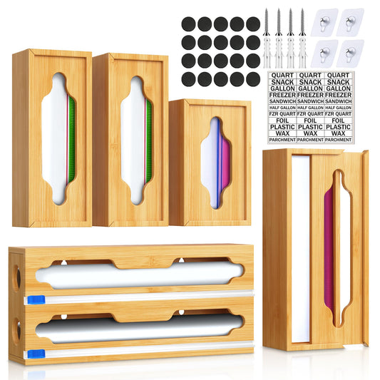 YITOBA 6 In 1 Bag Storage Organizer with Foil and Plastic Wrap Organizer, Extended Aluminum Foil Dispenser, Bamboo Baggie Organizer for Drawer, Sandwich Bag Organizer for Gallon, Quart, Snack