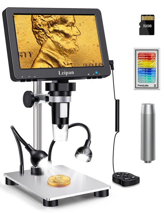 7" LCD Digital Microscope 1200X,12MP Coin Microscope with Screen for Adults,1080P Video Microscope with 12pcs Slides,Windows/Mac Compatible,32GB Card and 5" Extension Tube Included