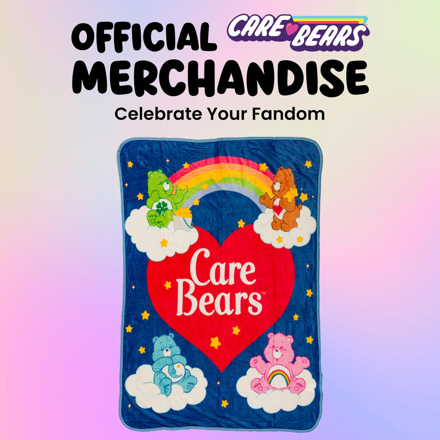 Silver Buffalo Care Bears Rainbow Heart Logo Featuring Cheer, Bedtime, and Tenderheart Bear 45” x 60” Fleece Throw, Soft and Cozy Blanket, 180 GSM