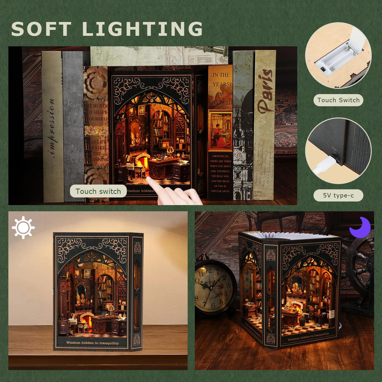 Classical Library Miniature House Kit - DIY Miniature Kit for Adults, Teens, Dollhouse Booknook Bookshelf Insert Decor with LED Light, 3D Wooden Puzzle Gifts for Family, Friends