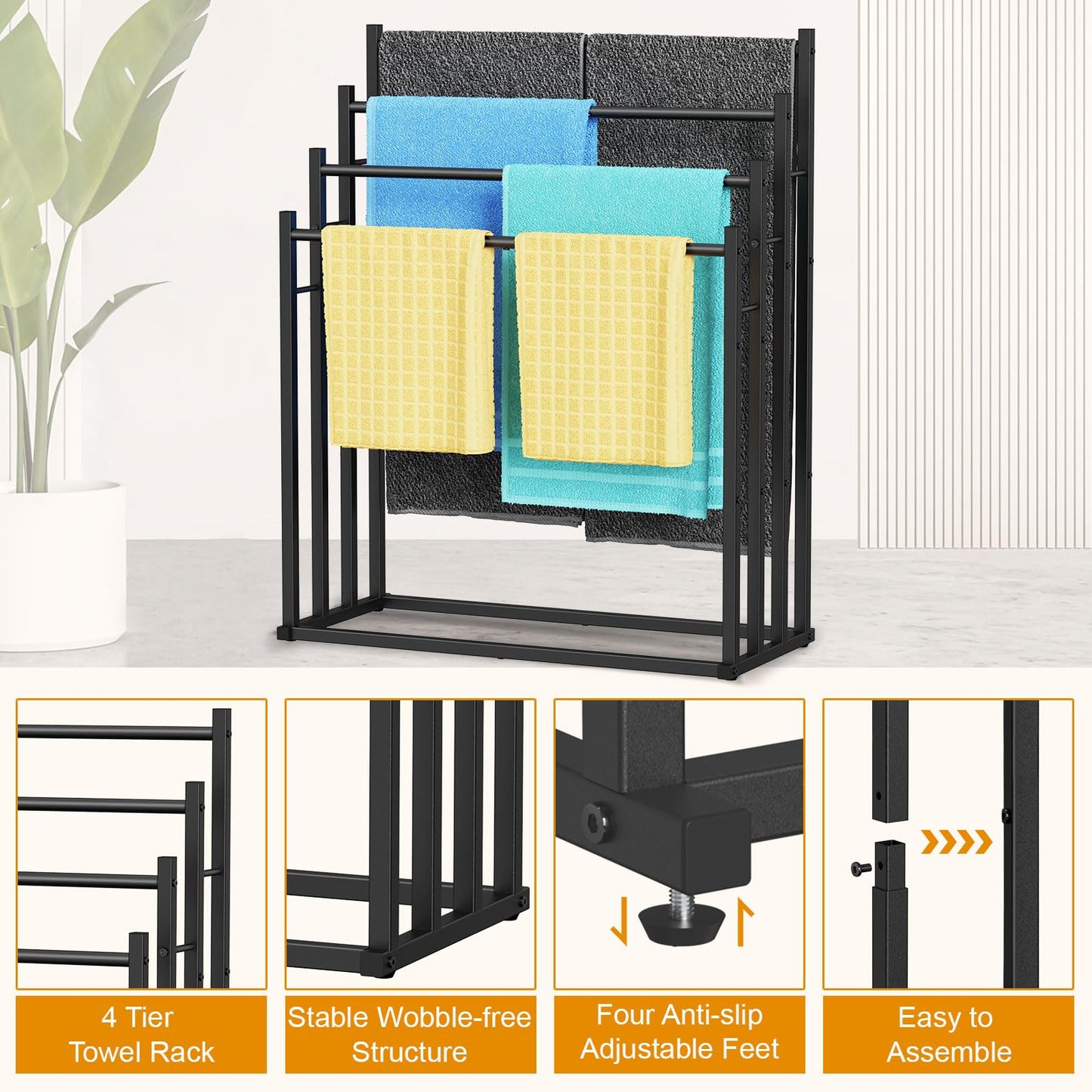 Honiter Towel Racks for Bathroom, 4 Tier Wide Towel Drying Rack Outdoor, Free Standing Towel Rack, Pool Towel Blanket Stand and Display Rack for Oversized Bath Towels