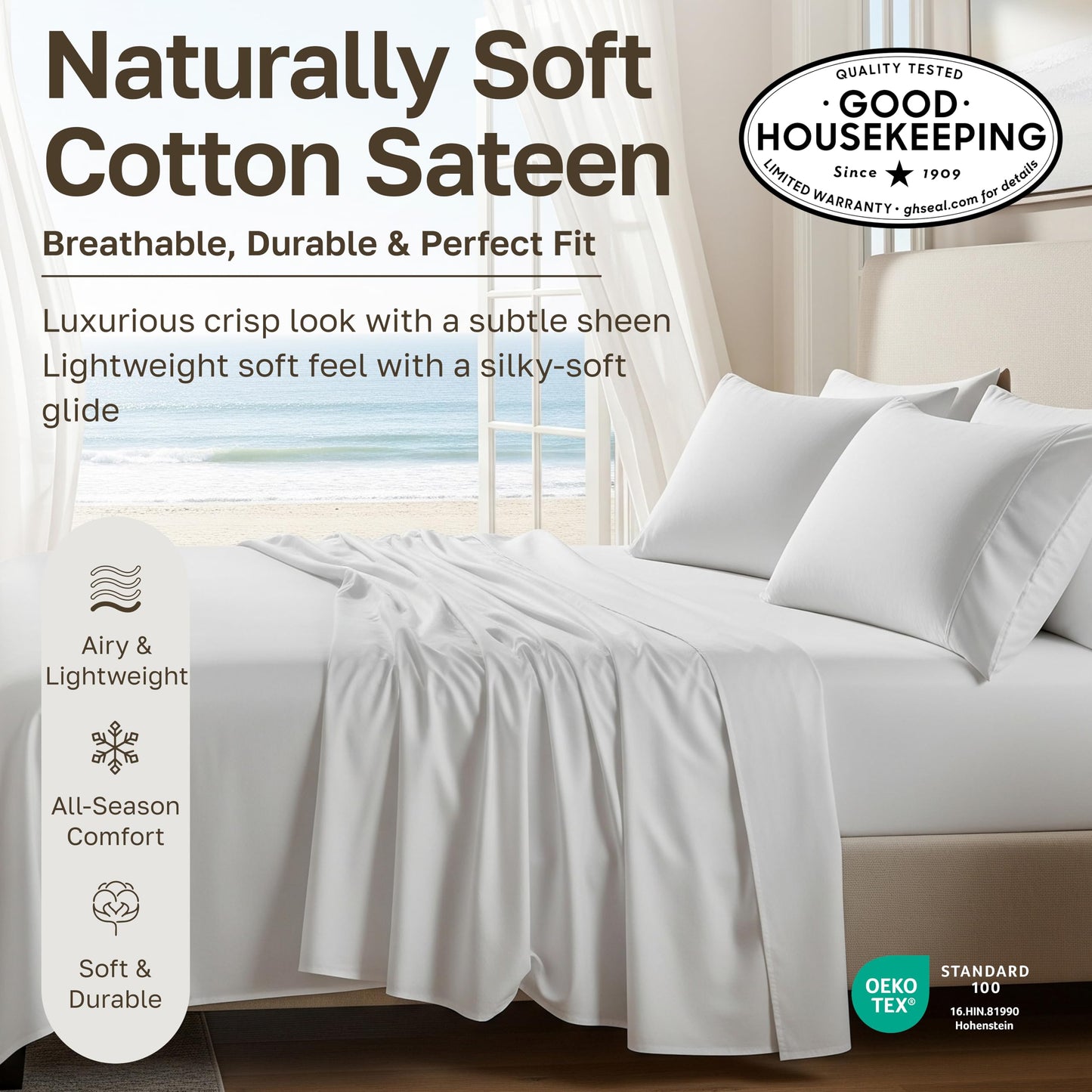 California Design Den Deep Pocket Queen Sheets Set - Natural 100% Cotton Bed Sheets, Soft Sateen Weave, All Around Elastic, Breathable and Durable Bedding - Frosty Green