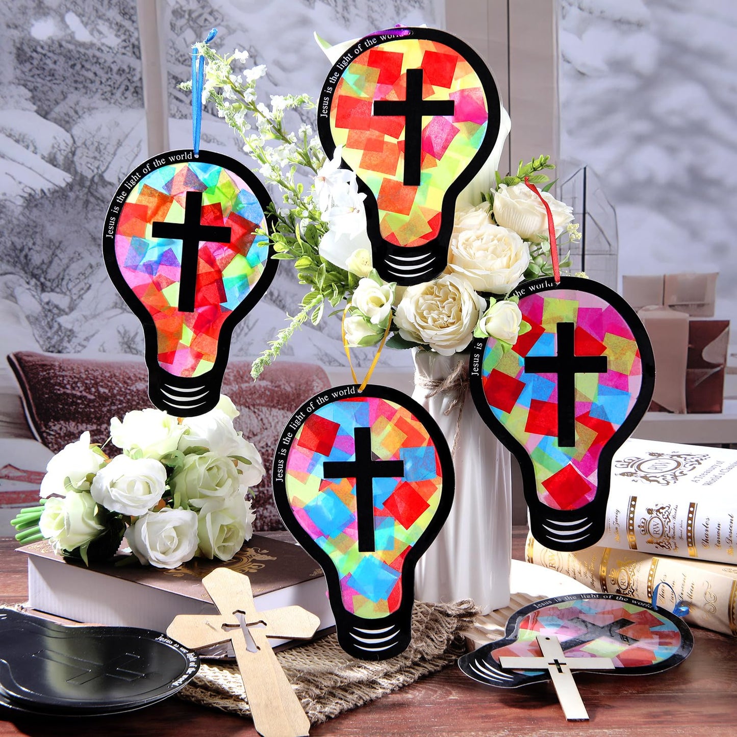 Eaasty Rainbow Light Bulb 48 Sets 2026 Vbs DIY Jesus Light Craft Kit, Illumination Themed Christian Suncatcher Cross Stained Glass Art for Easter Sunday School Back to School Activities