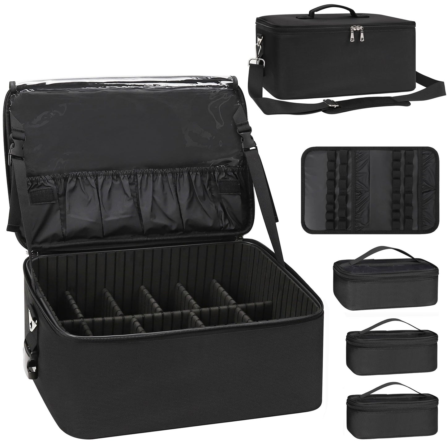 Relavel Makeup Bag Large Makeup Case Professional Cosmetic Storage Organizer Box Brush Holder with 3 Clear Set Bags & Lipstick Plate for Makeup Artists with Shoulder Strap & Adjustable Dividers