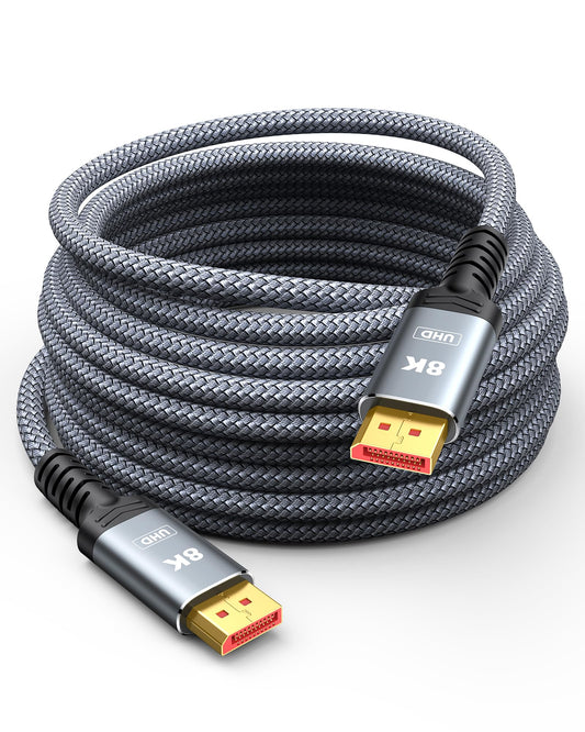 Capshi 8K 4K DisplayPort Cable 1.4, Fiber Optic 50FT DP Cord (8K@60Hz, 4K@144Hz, 2K@240Hz/165Hz), 32.4Gbps High Speed Display Port Cable for Gaming Monitor, HDR/FreeSync/G-Sync, Braided, Grey