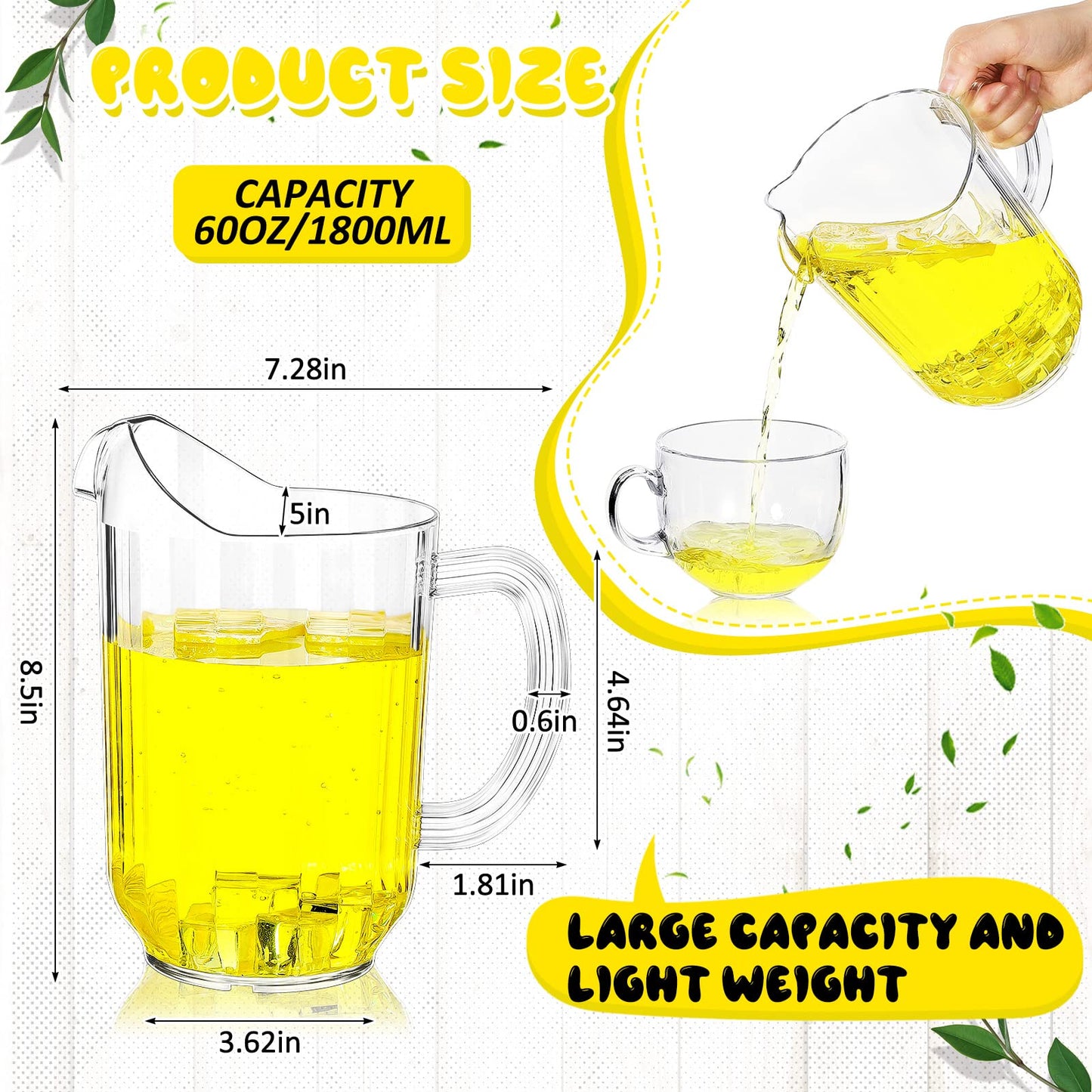 12 Pcs Plastic Pitchers 60 Ounce Clear Restaurant Pitcher Jug Large Water Jug Carafe Serve Milk Tea Juice Drink for Parties Container Dispenser Beer Jar