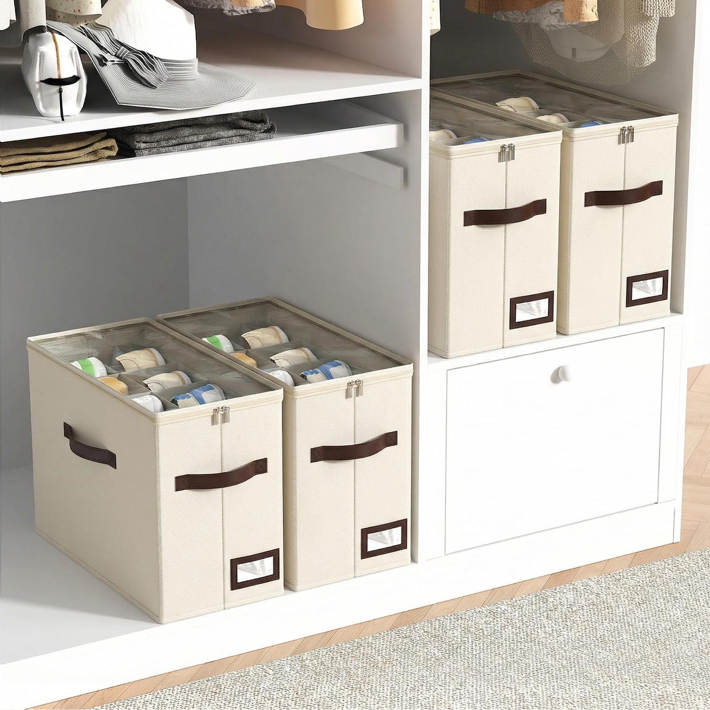 OIAHOMY 4 Pack Shoe Organizer for Closet, Foldable Shoe Storage Bins with Adjustable Dividers, Stackable Oxford Cloth Sneaker Boxes for Entryway Bedroom, Fits Up to 32 Pairs, Beige