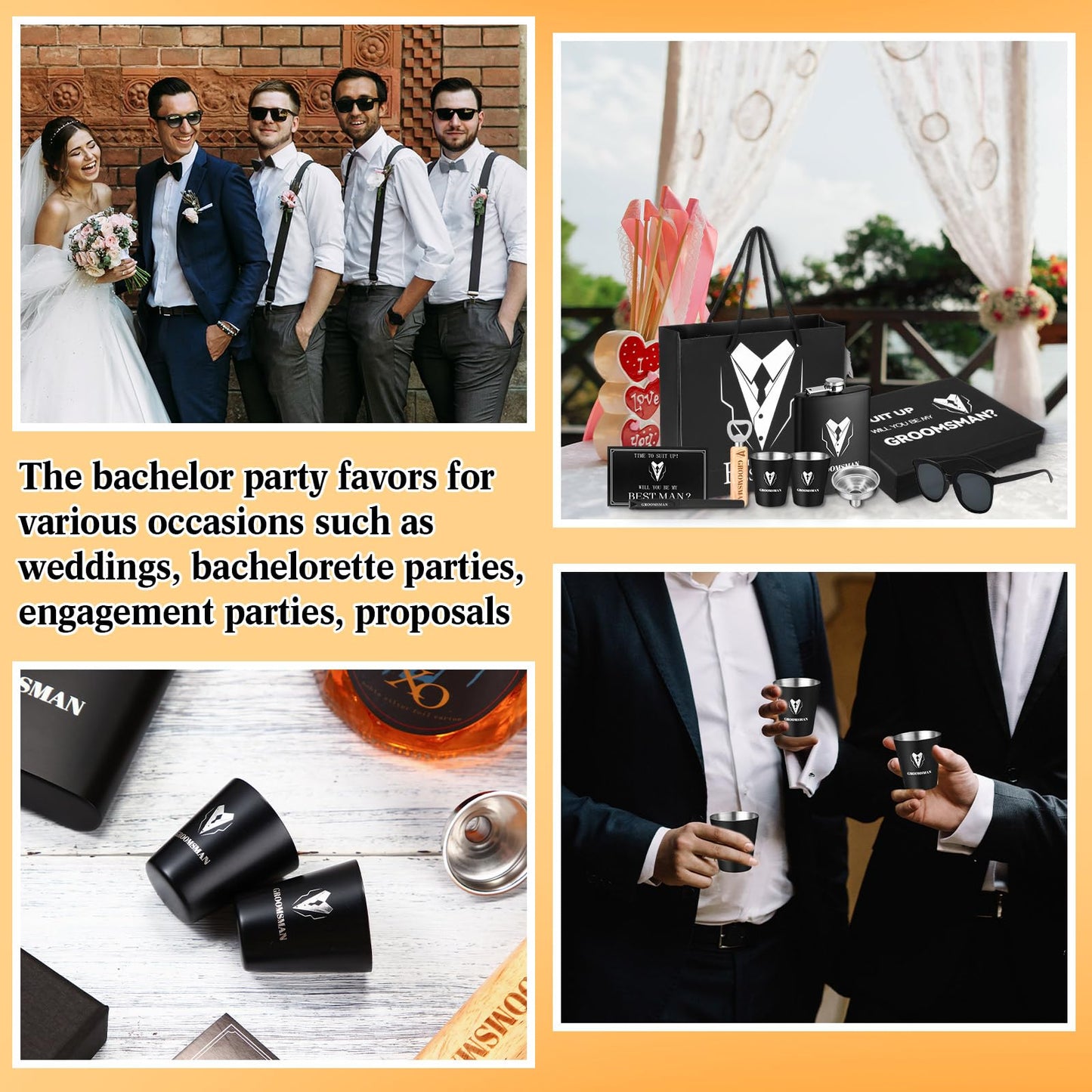 Layhit 60 PCS Groomsmen Gifts Set of 6, Groomsmen Proposal Gift Set, 6 Flask and 12 Stainless Steel Shot Glass 6 Wood Bottle Opener 6 Pen 6 Sunglasses with 6 Card 6 Box 6 Bag for Wedding Party