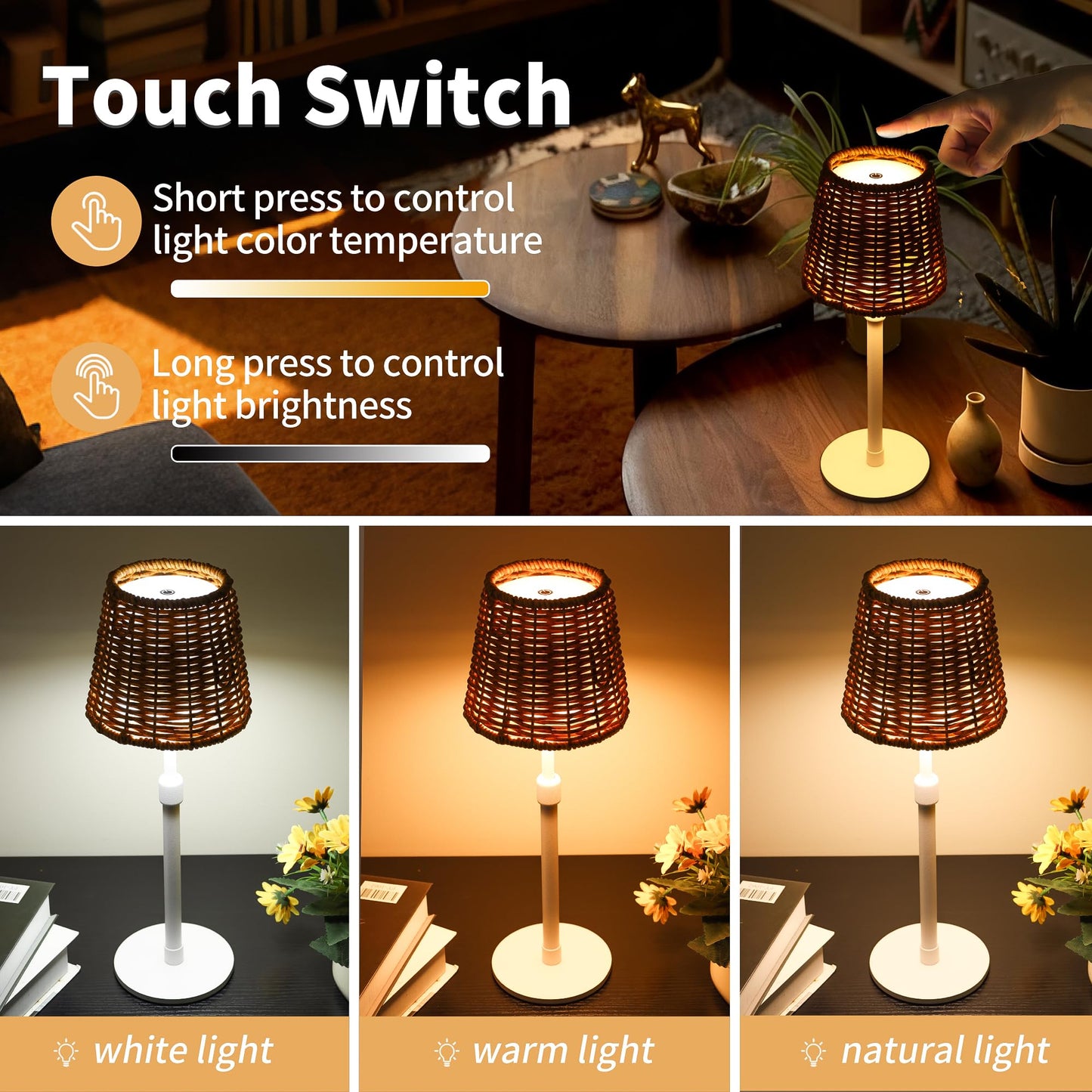 Mr.White Outdoor Waterproof Rechargeable Cordless Table Lamp with Telescopic Pole & Wicker Shade, 5200mAh Battery Operated Table Light with Touch Control, for Patio Restaurant Kitchen (White 2 Pack)