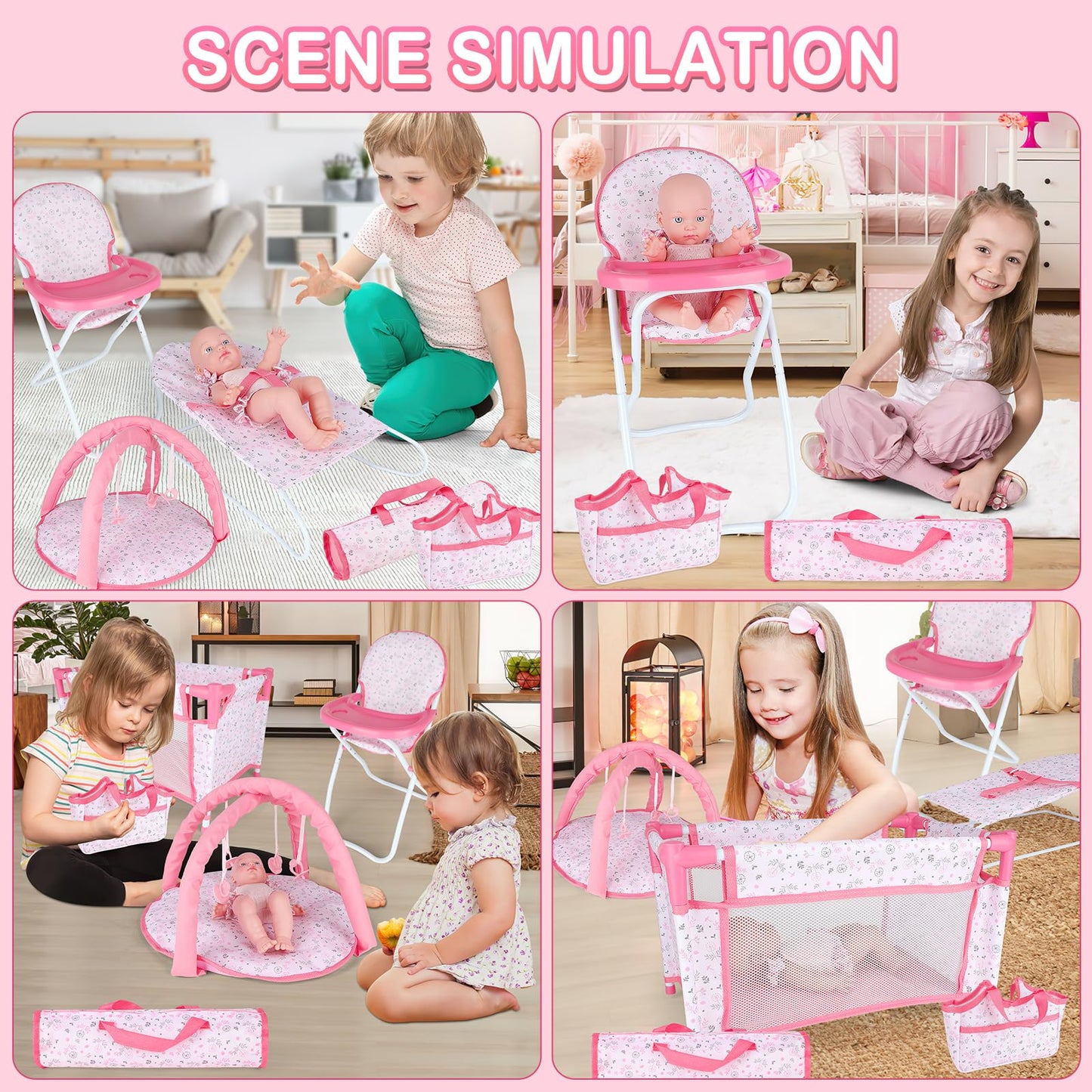 deAO Baby Doll Accessories Baby Doll Playset Doll High Chair Baby Doll Crib Bed Play Mat Storage Bag Handbag Wing - 6 in 1 Pink Dolls Playset with Furniture Toys for 12-14’’ Dolls