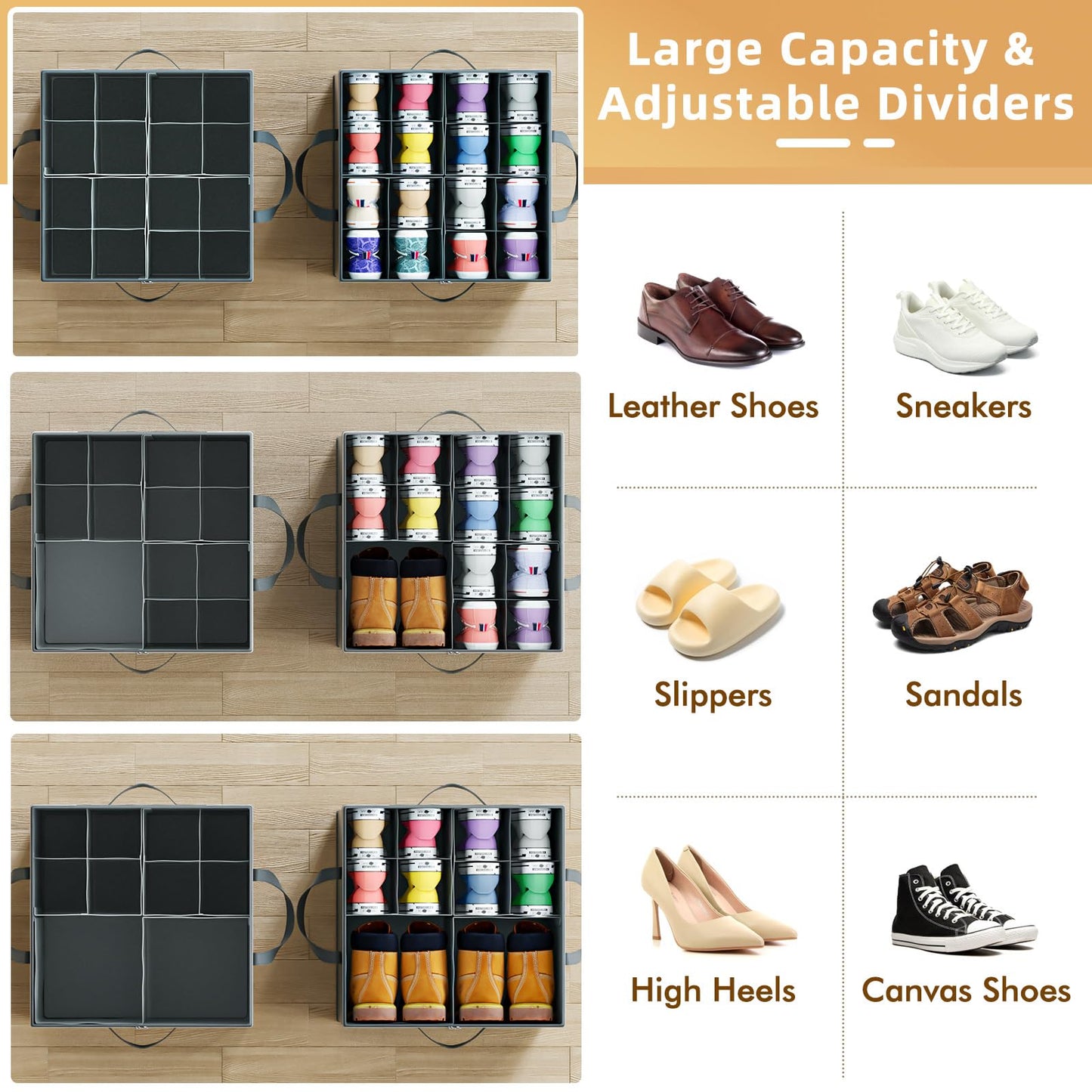 NestOrganix 2 Pack Shoe Organizer for Closet, Large Shoe Box Storage Containers, Foldable Shoe Storage Organizer Box Bin with Adjustable Dividers and Clear Cover, Space Saving Shoes Holder, Gray